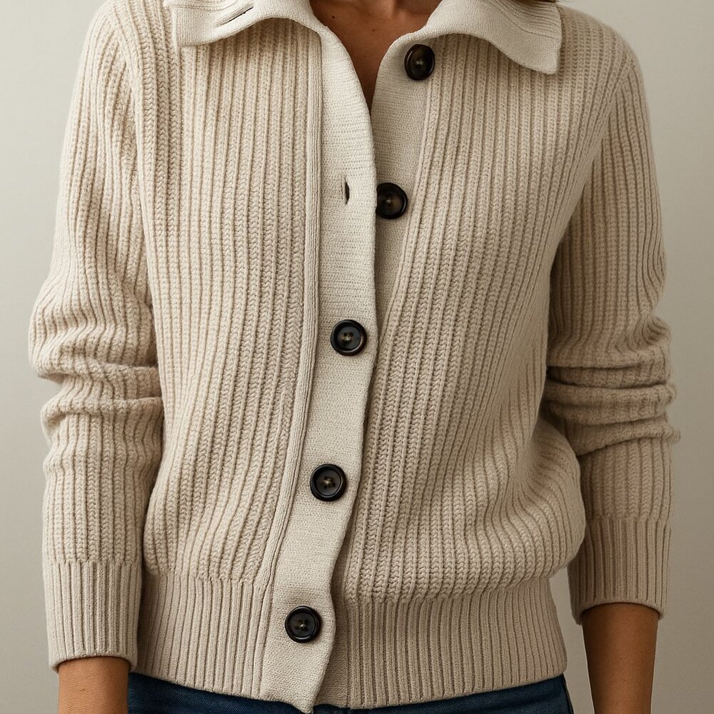 Varley Cream Ribbed Button-Up Knit Sweater
